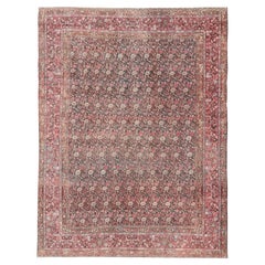 Antique Persian Khorasan Rug with Floral Design in Charcoal, Brown & Rose Red