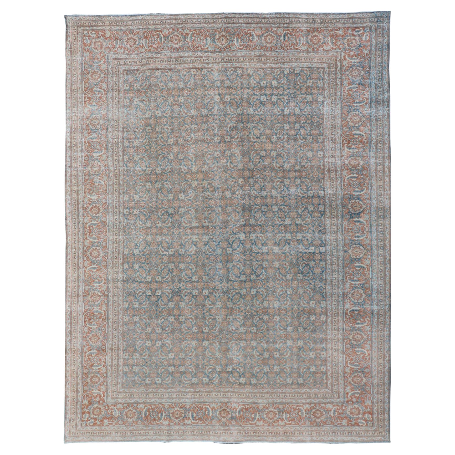 Large Antique Persian Tabriz Carpet with Herati Design in Gray Blue & Orange Red For Sale