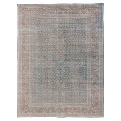 Large Antique Persian Tabriz Carpet with Herati Design in Gray Blue & Orange Red