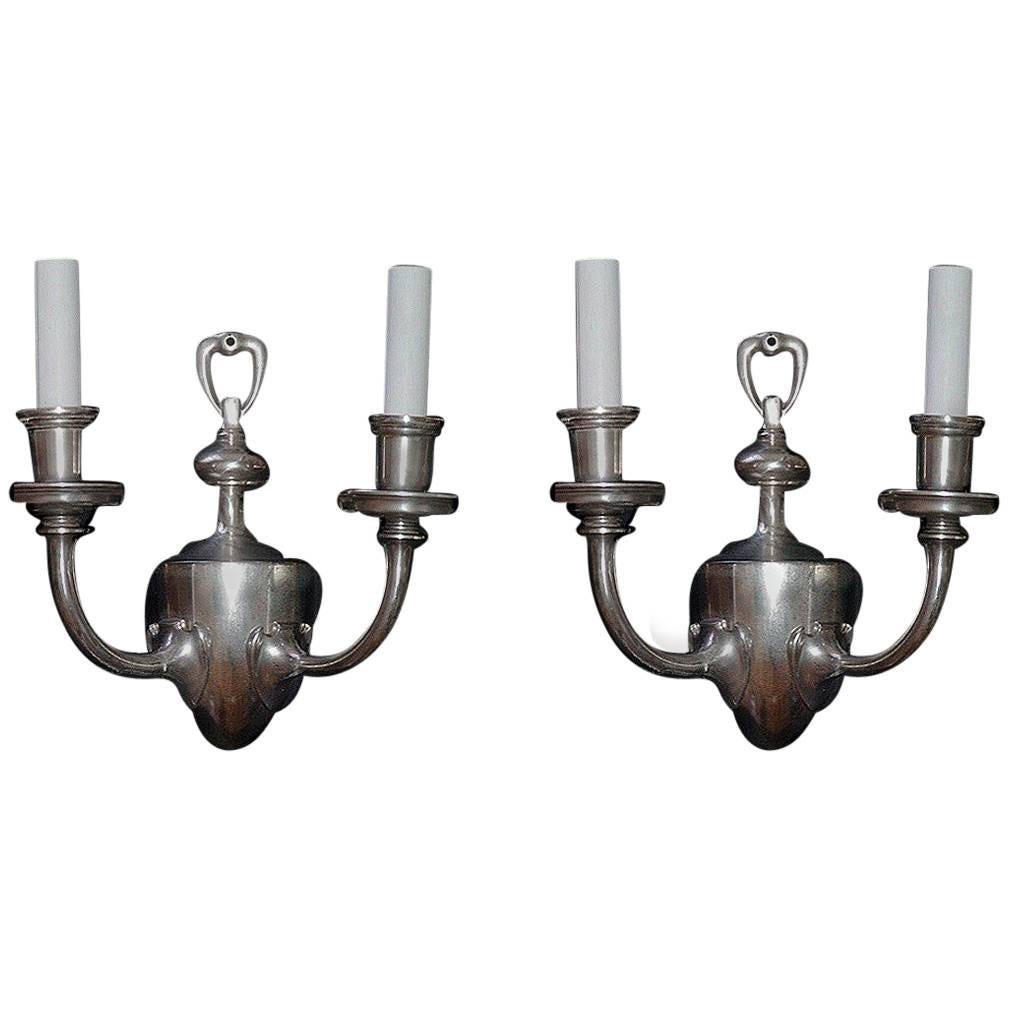 1920s Pair of Silvered Bronze Two-Light Sconces