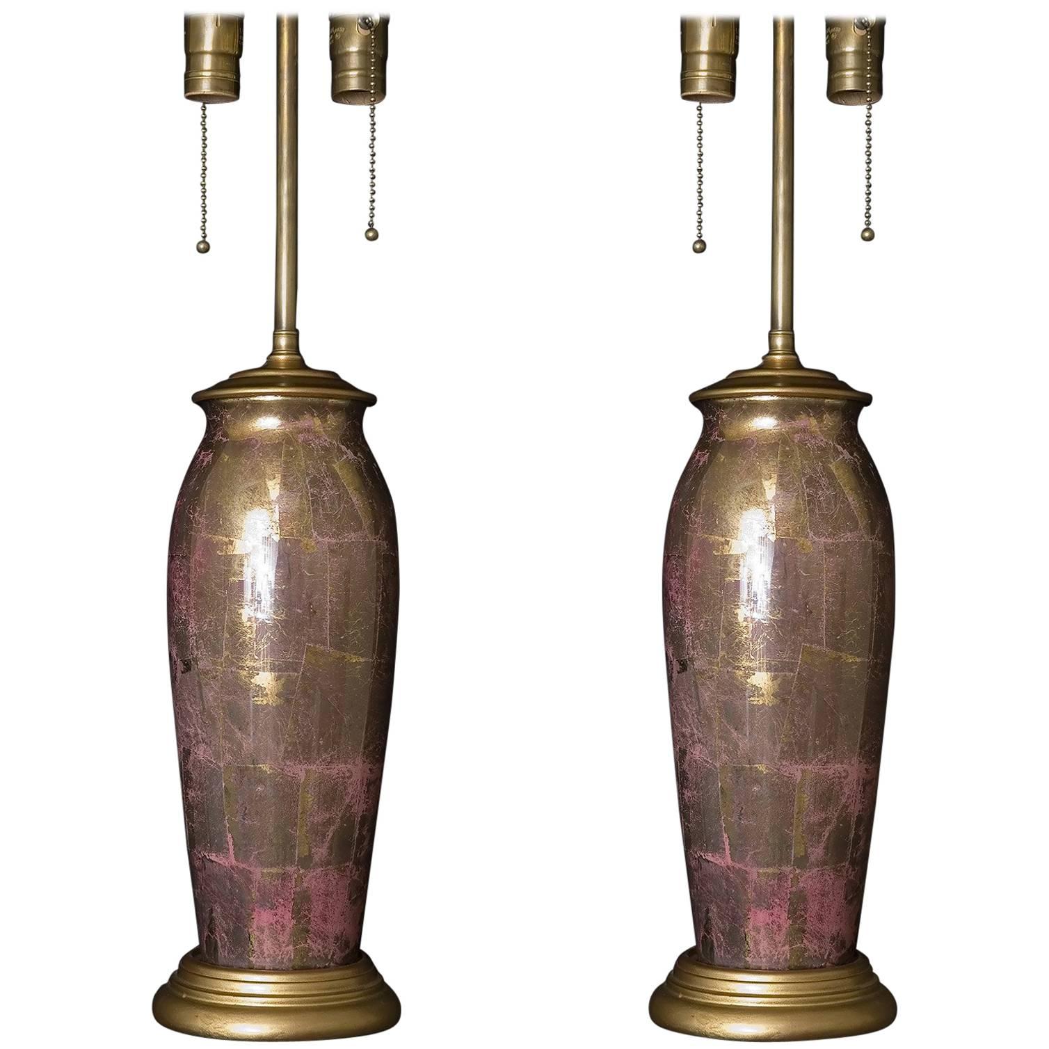 1930s Pair of French Pink and Gold Glass Decoupage Table Lamps