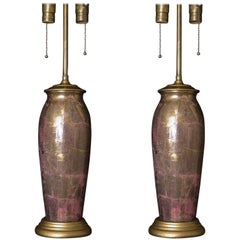 1930s Pair of French Pink and Gold Glass Decoupage Table Lamps