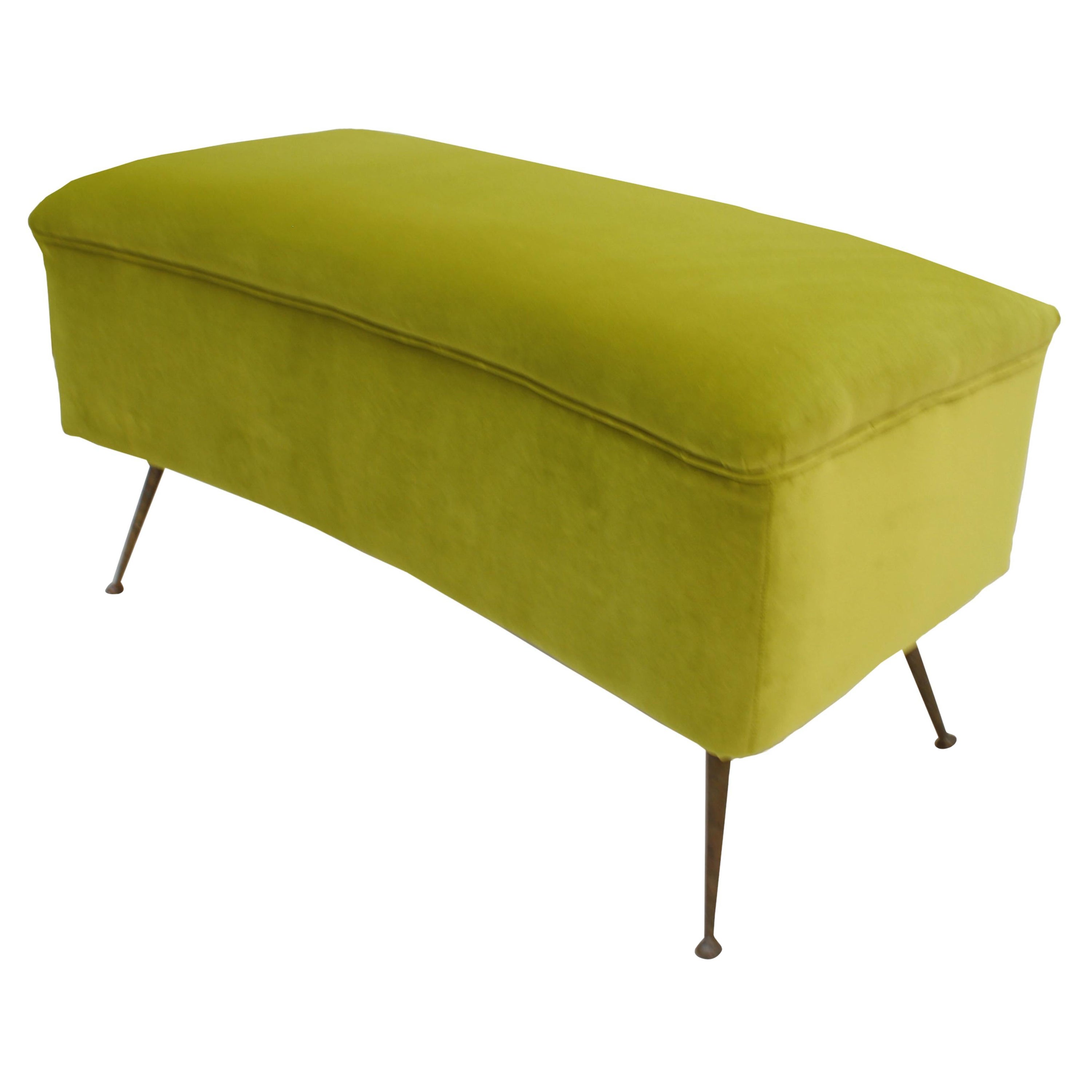 Mid-Century Modern Green Cotton Velvet Italian Stool