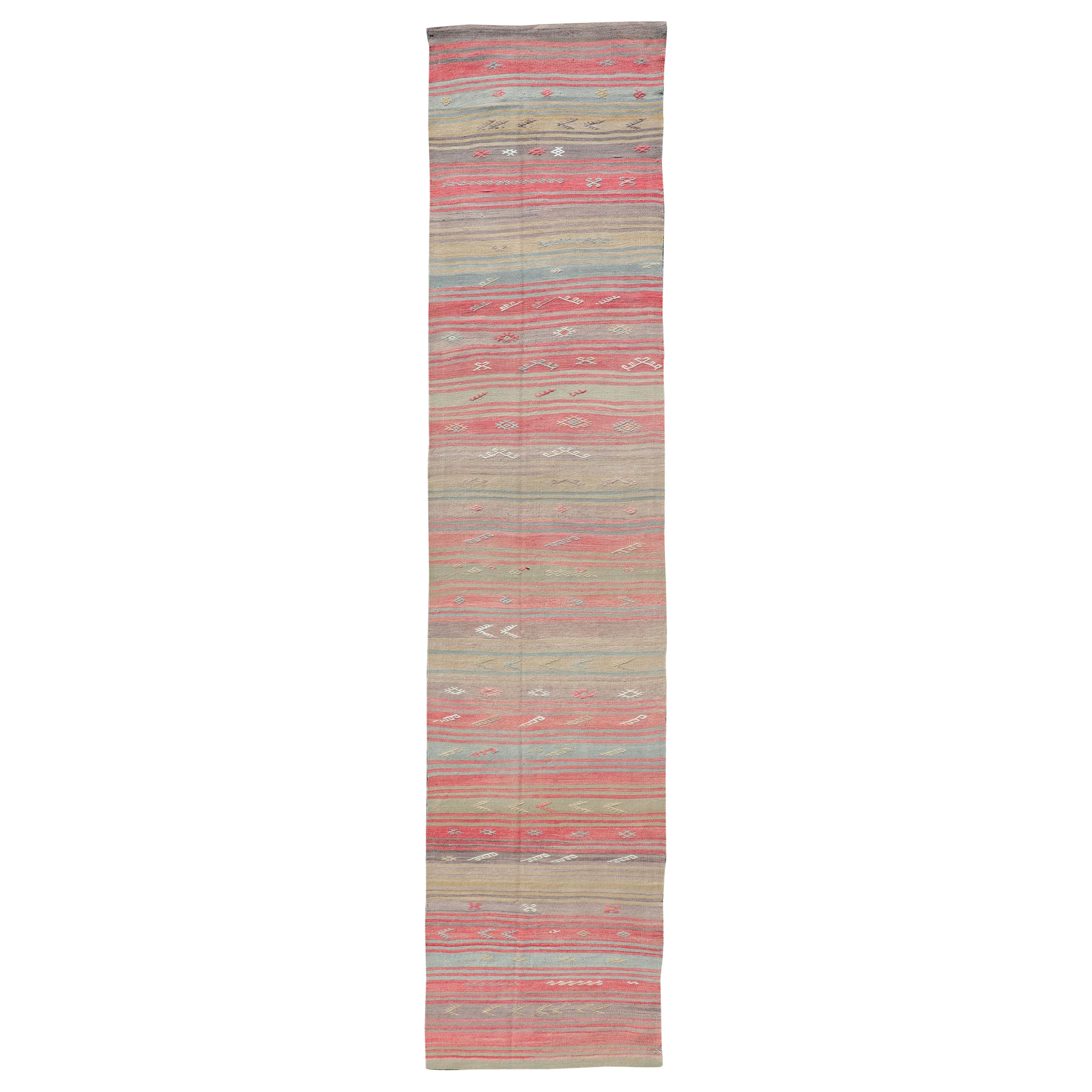 Colorful Vintage Turkish Flat-Weave Runner with Dynamic Stripe Design For Sale