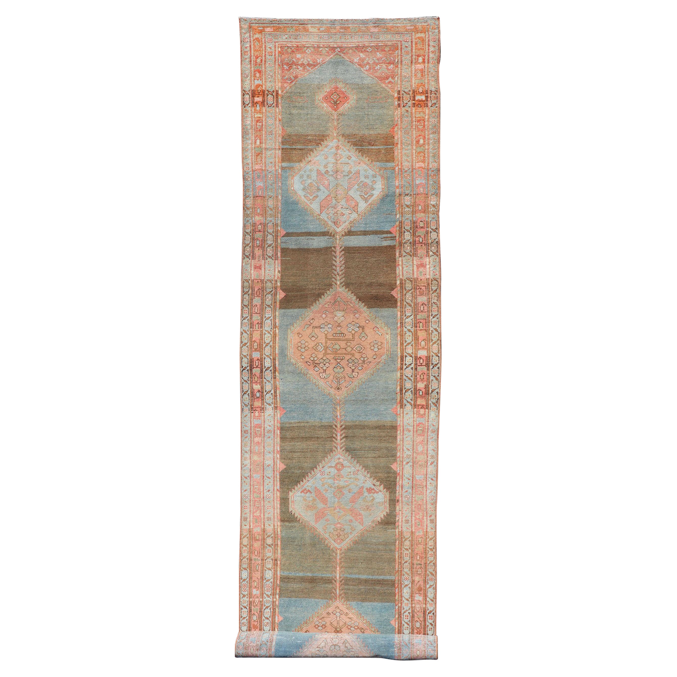Antique Malayer Runner with Geometric Designs in Gray, Blue, Charcoal & Orange For Sale