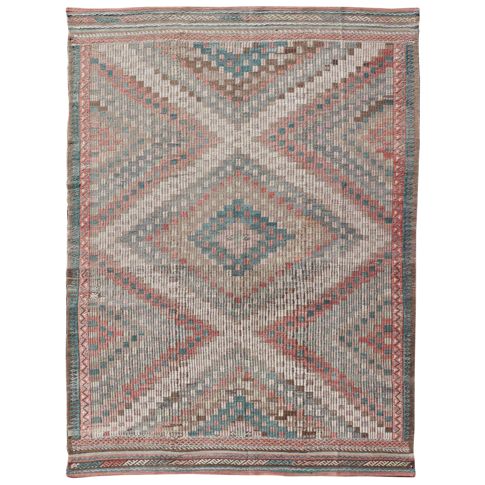 Vintage Embroidered Turkish Flat-Weave with Layered Diamond Design For Sale