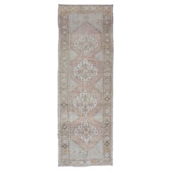 Antique Medallion Turkish Oushak Runner in Light Mocha, Coral, Brown & Lt. Blue