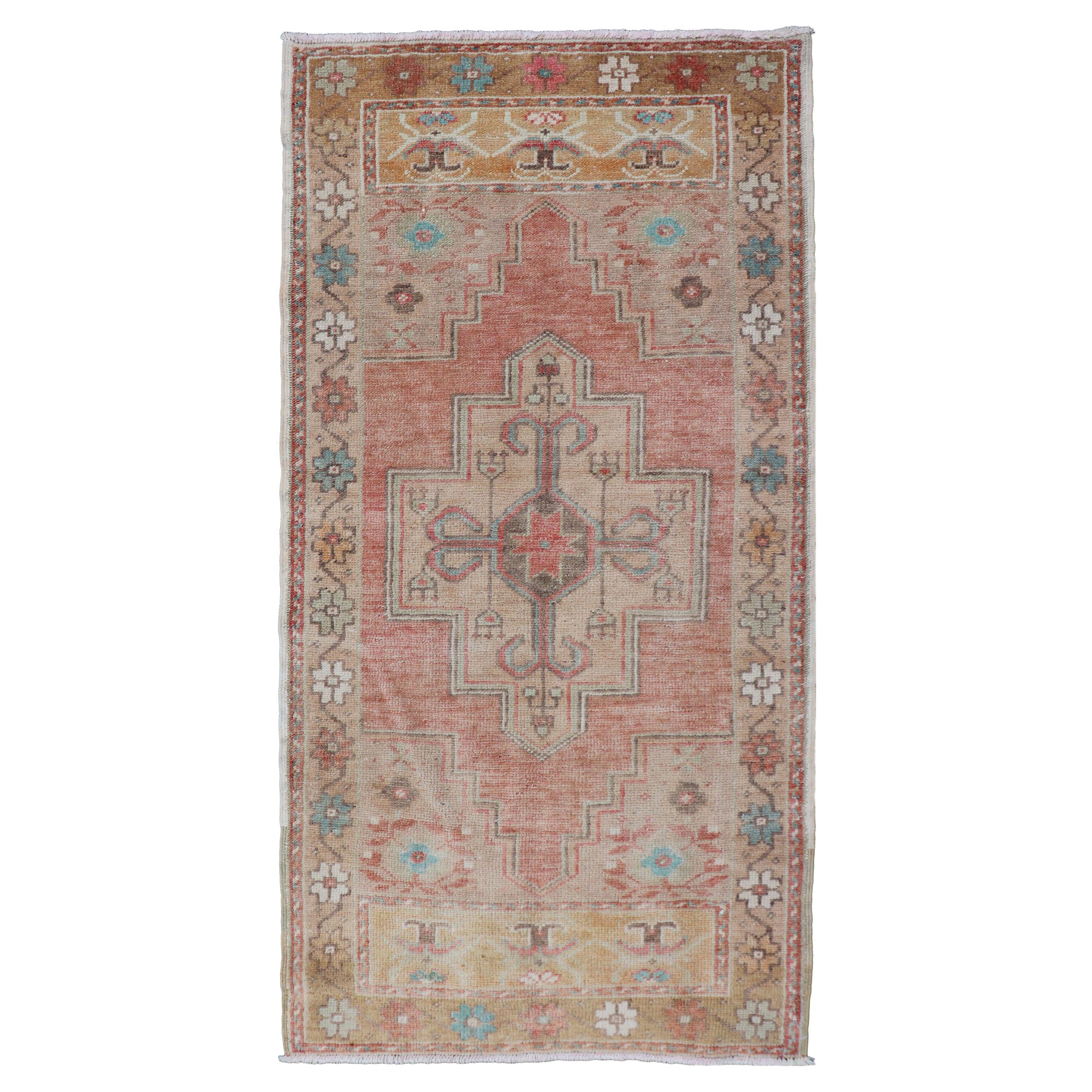 Faded Coral and Taupe Vintage Turkish Oushak Rug with Layered Medallion Design For Sale