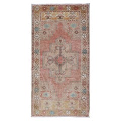 Faded Coral and Taupe Vintage Turkish Oushak Rug with Layered Medallion Design