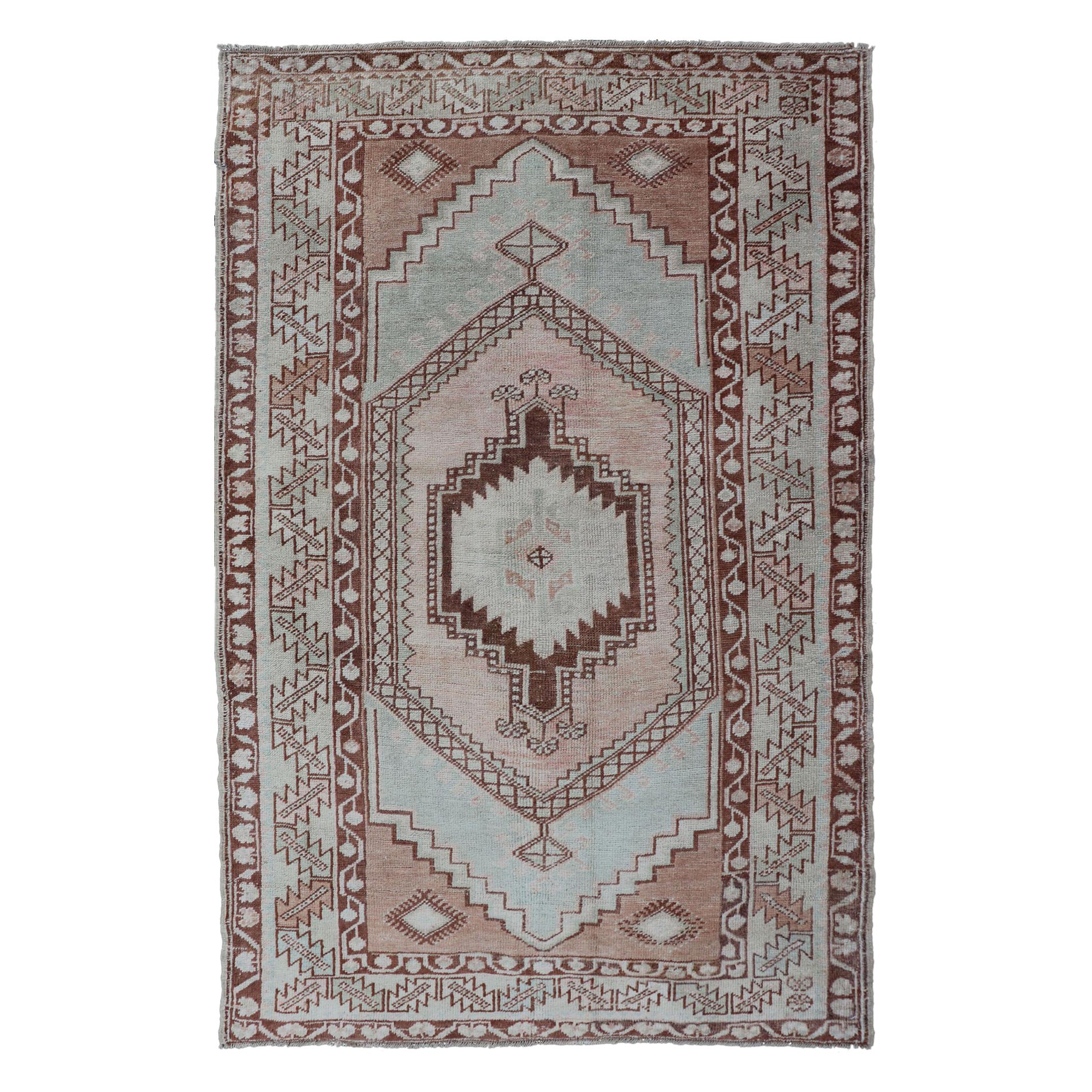 Vintage Turkish Oushak Rug with Traditional Design in Muted Blue, Brown, Salmon