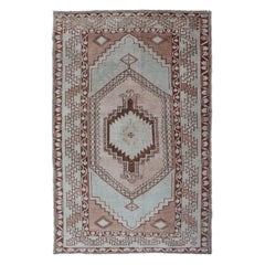 Vintage Turkish Oushak Rug with Traditional Design in Muted Blue, Brown, Salmon