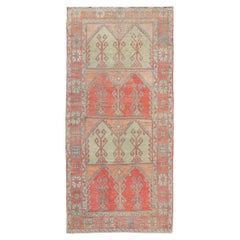 Gallery Rug, Vintage Turkish in Faded Red, Coral, Orange, Soft Pink and Green