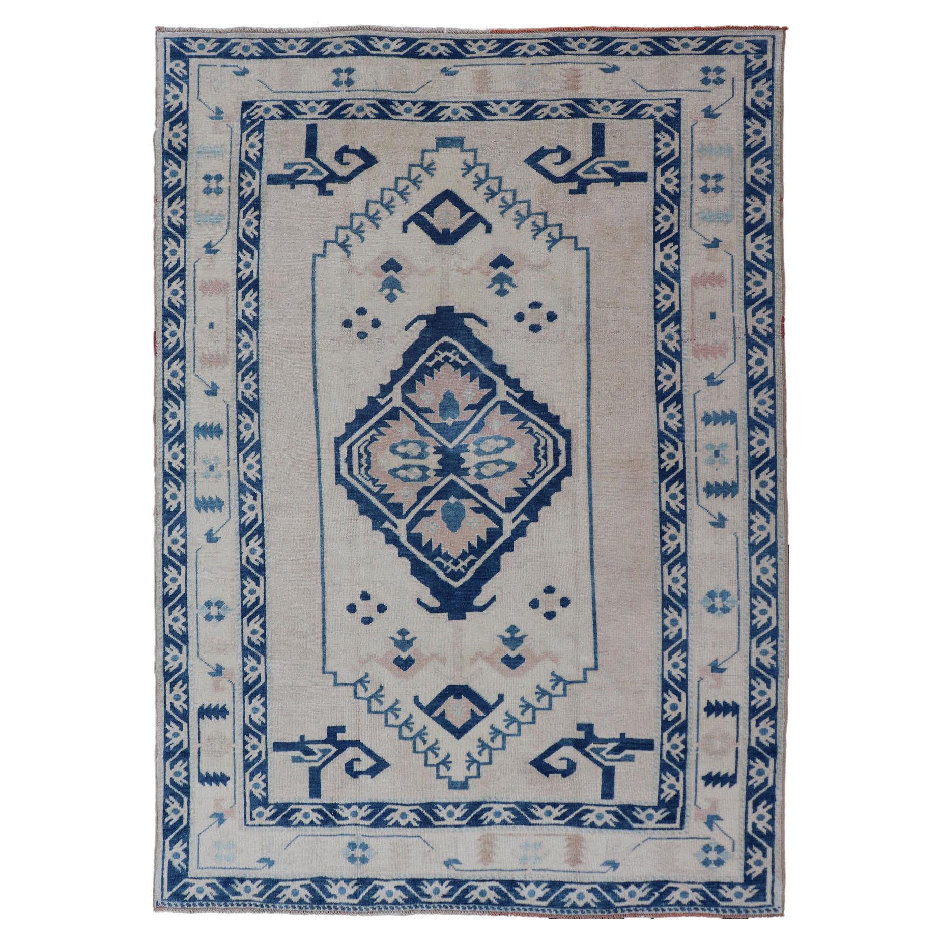 Blue, Cream & Green Vintage Oushak Rug with Geometric Medallion & Tribal Design