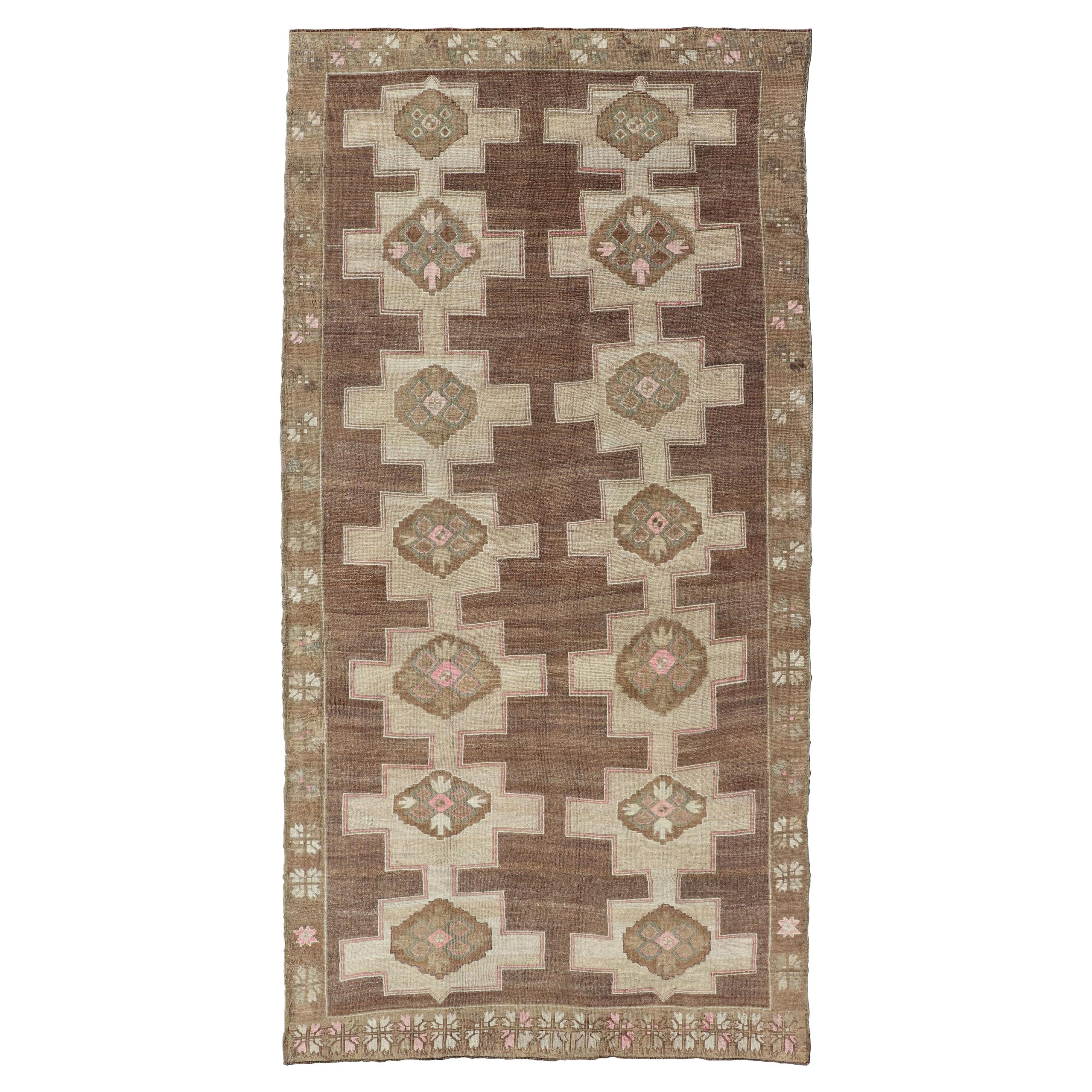 Vintage Kars Wide Gallery Rug in Brown Colors, Tan, Taupe and Light Green