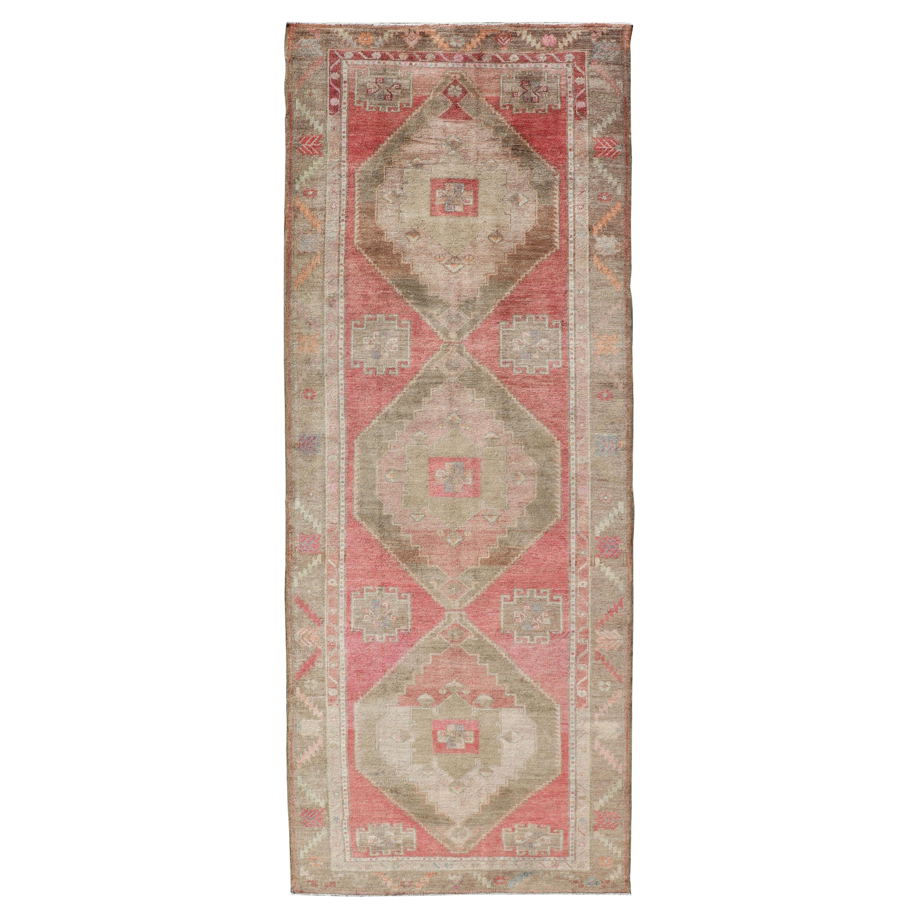 Long Gallery Turkish Vintage Runner with Medallion Design in Green, Pink  For Sale
