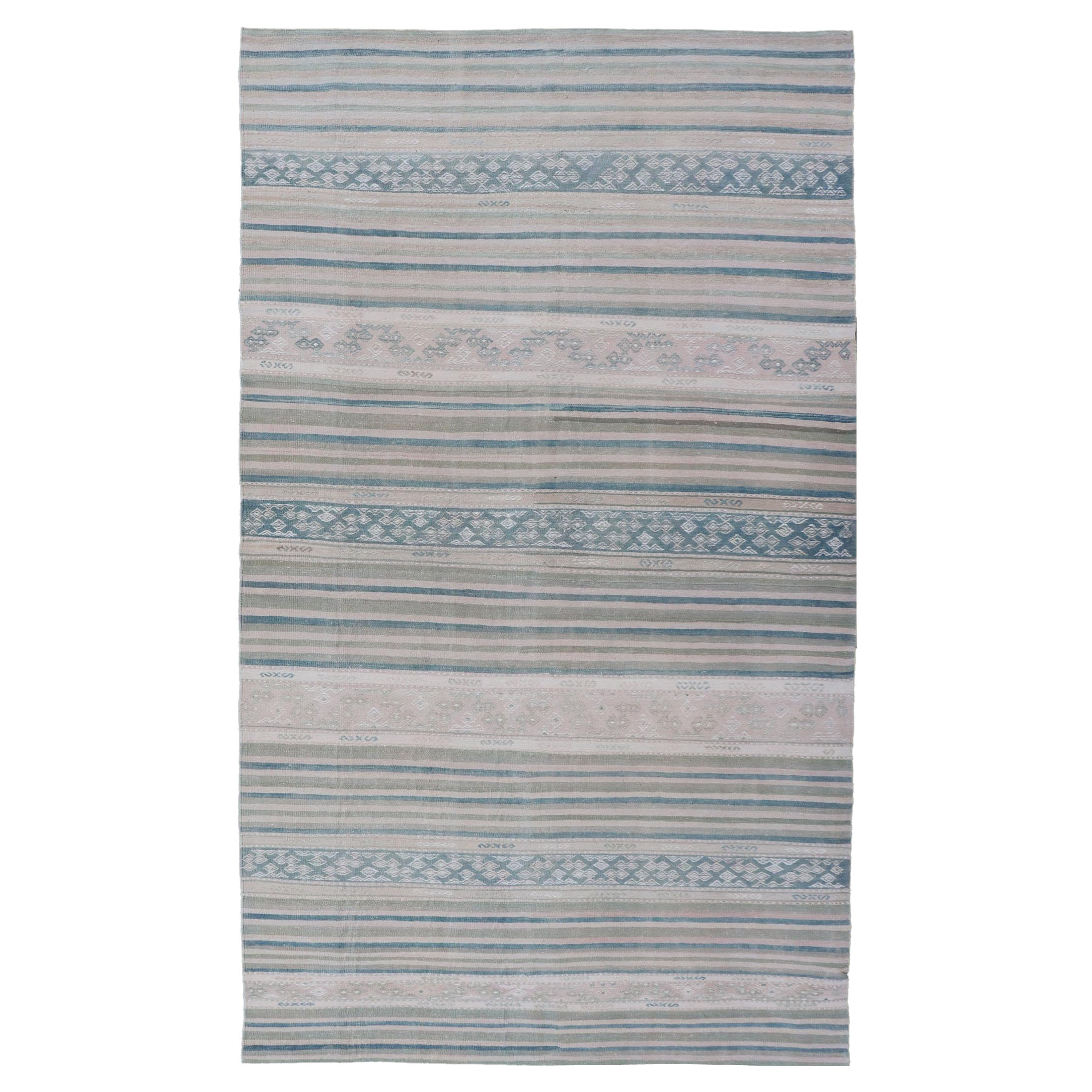 Vintage Flat-Weave Kilim with Embroideries in Blush, Green, Blue and Gray