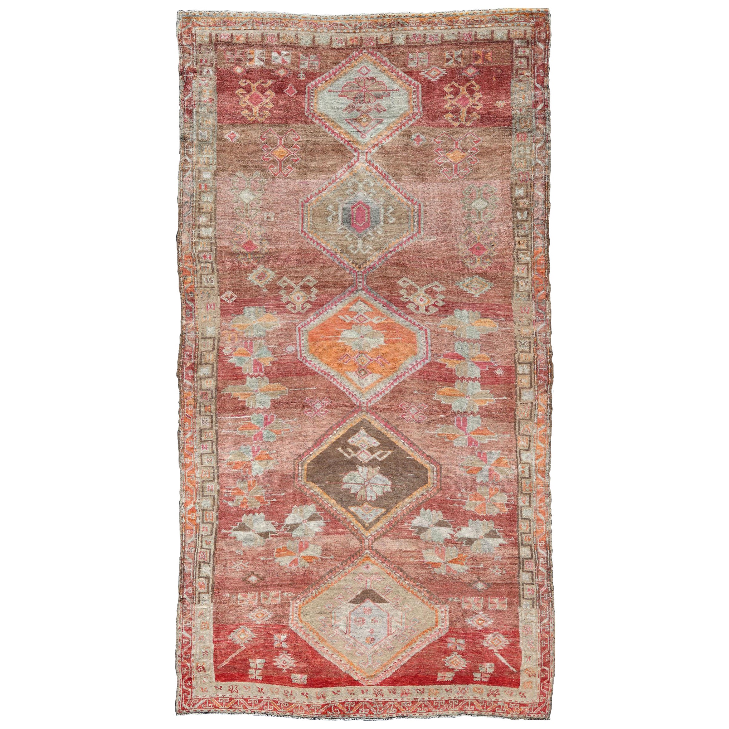 Long Rug, Vintage Turkish Gallery Rug with Tribal Design in Variegated Red