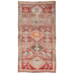 Long Rug, Retro Turkish Gallery Rug with Tribal Design in Variegated Red