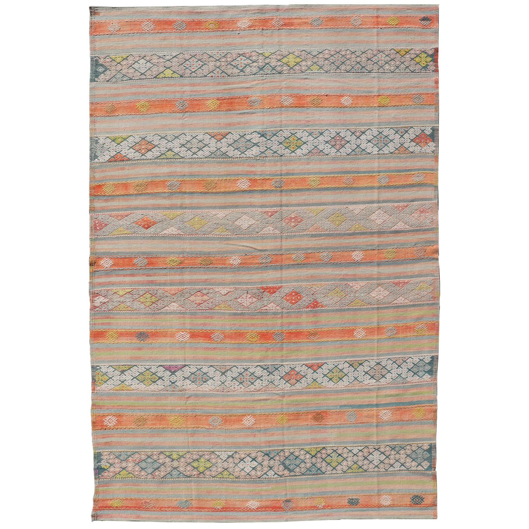 Colorful Vintage Turkish Embroidered Kilim With Stripe's and Geometric Motifs For Sale