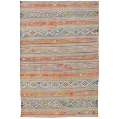Colorful Vintage Turkish Embroidered Kilim With Stripe's and Geometric Motifs
