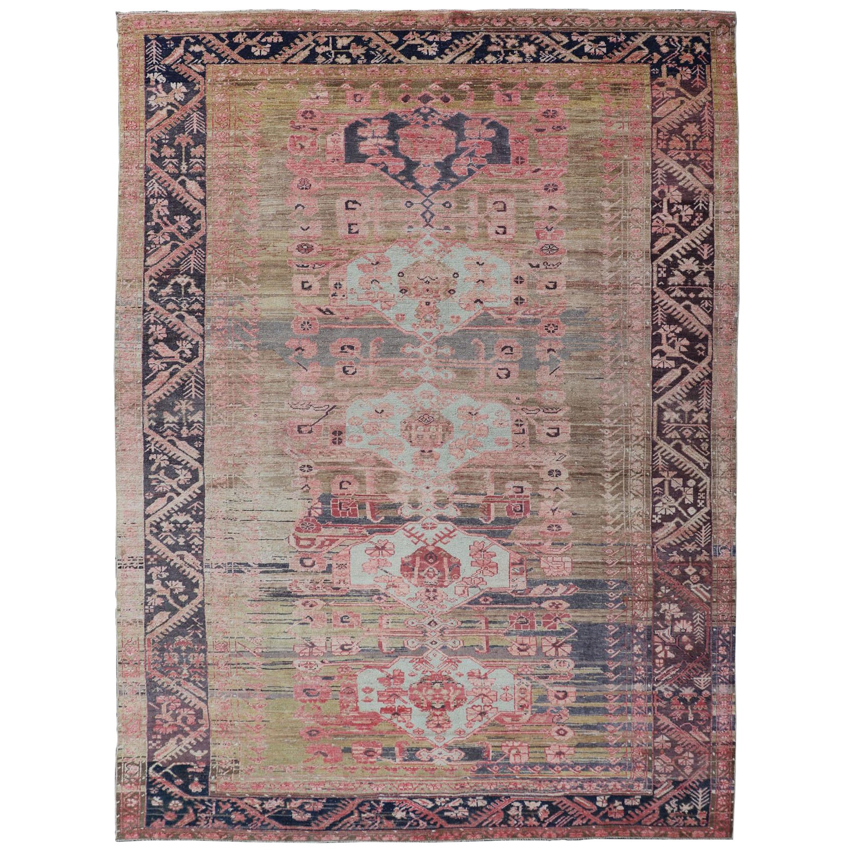 Antique Turkish fine weave Oushak Rug in Light Green and Color Variation