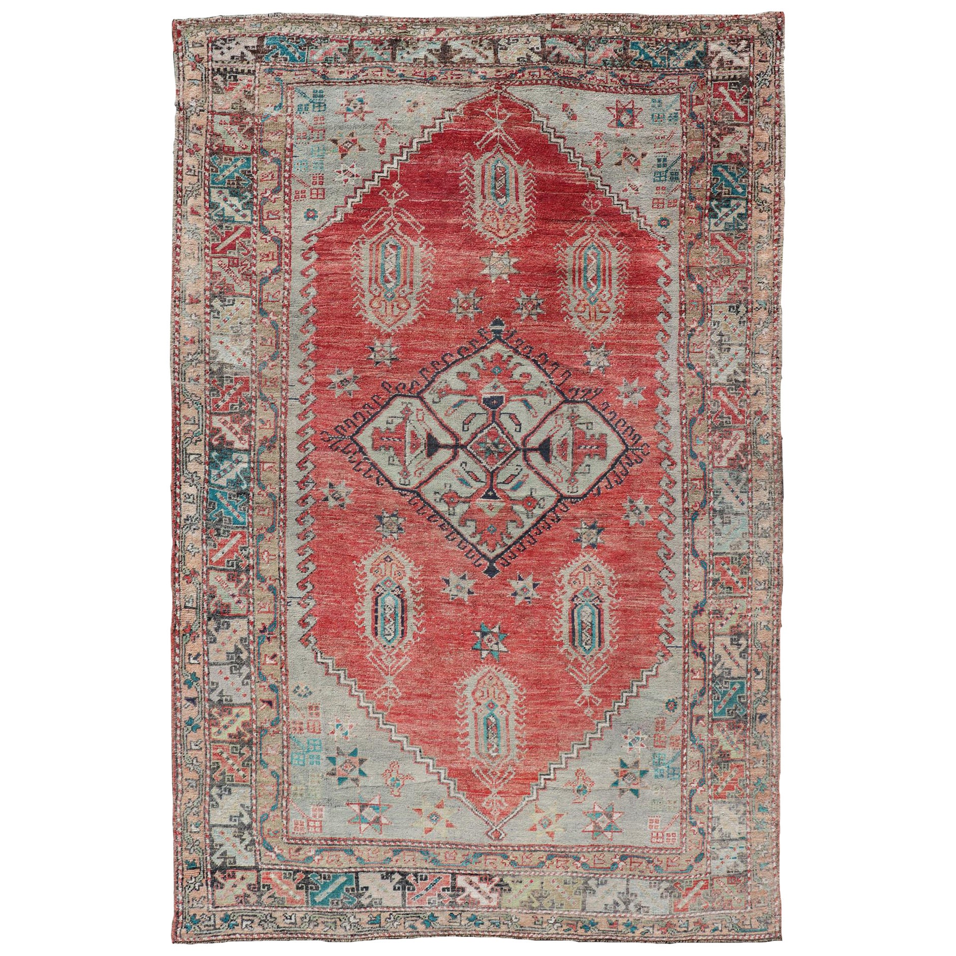 Antique Oushak in Rust, Green, Light Blue, Taupe, Brown, Teal and Silver Colors For Sale