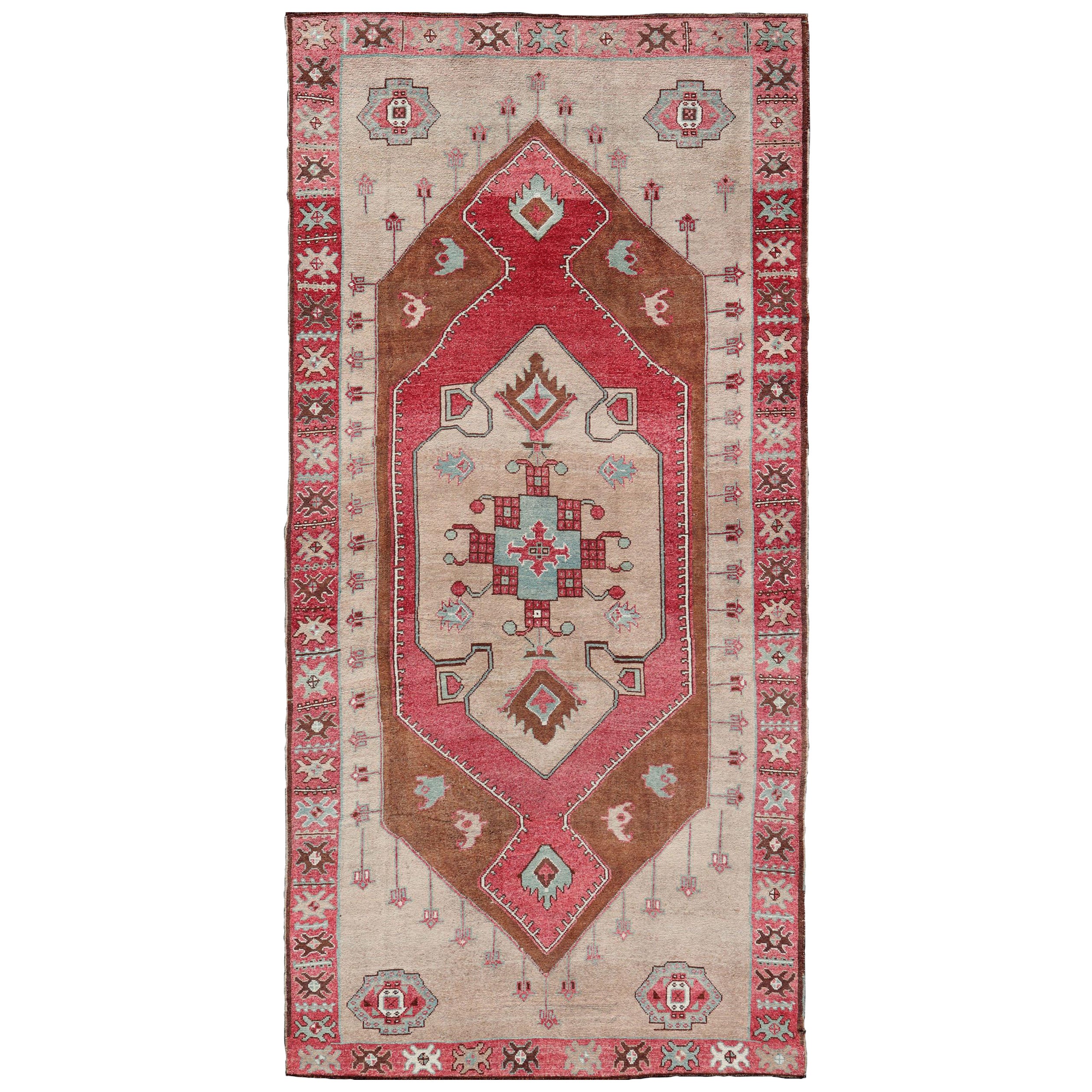 Over Sized Turkish Gallery Runner with Large Medallion in Red, Taupe and Brown For Sale