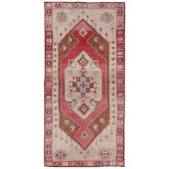 Over Sized Turkish Gallery Runner with Large Medallion in Red, Taupe and Brown