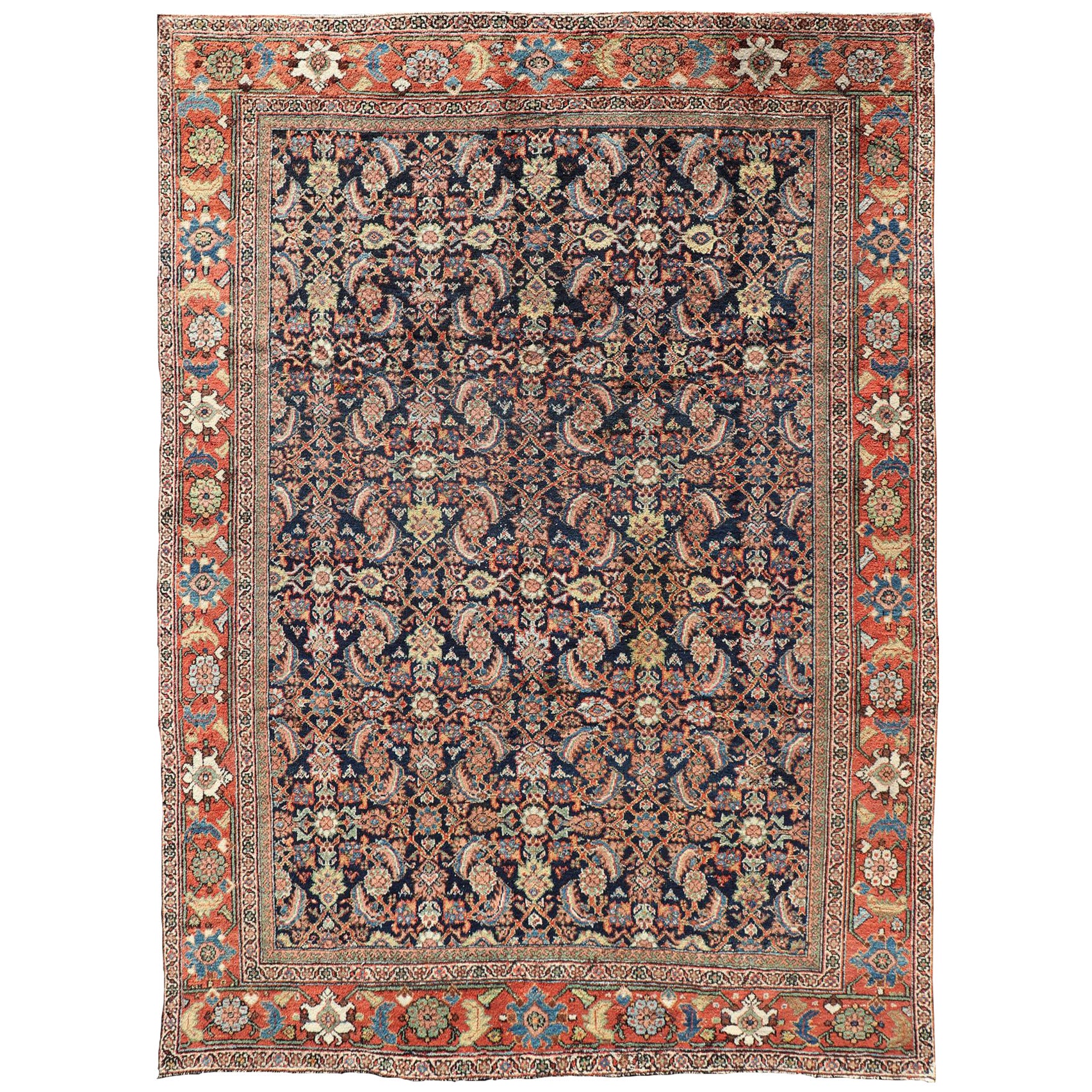 Antique Persian Sultanabad/Mahal Rug in Blue Background & Rust/Red Border