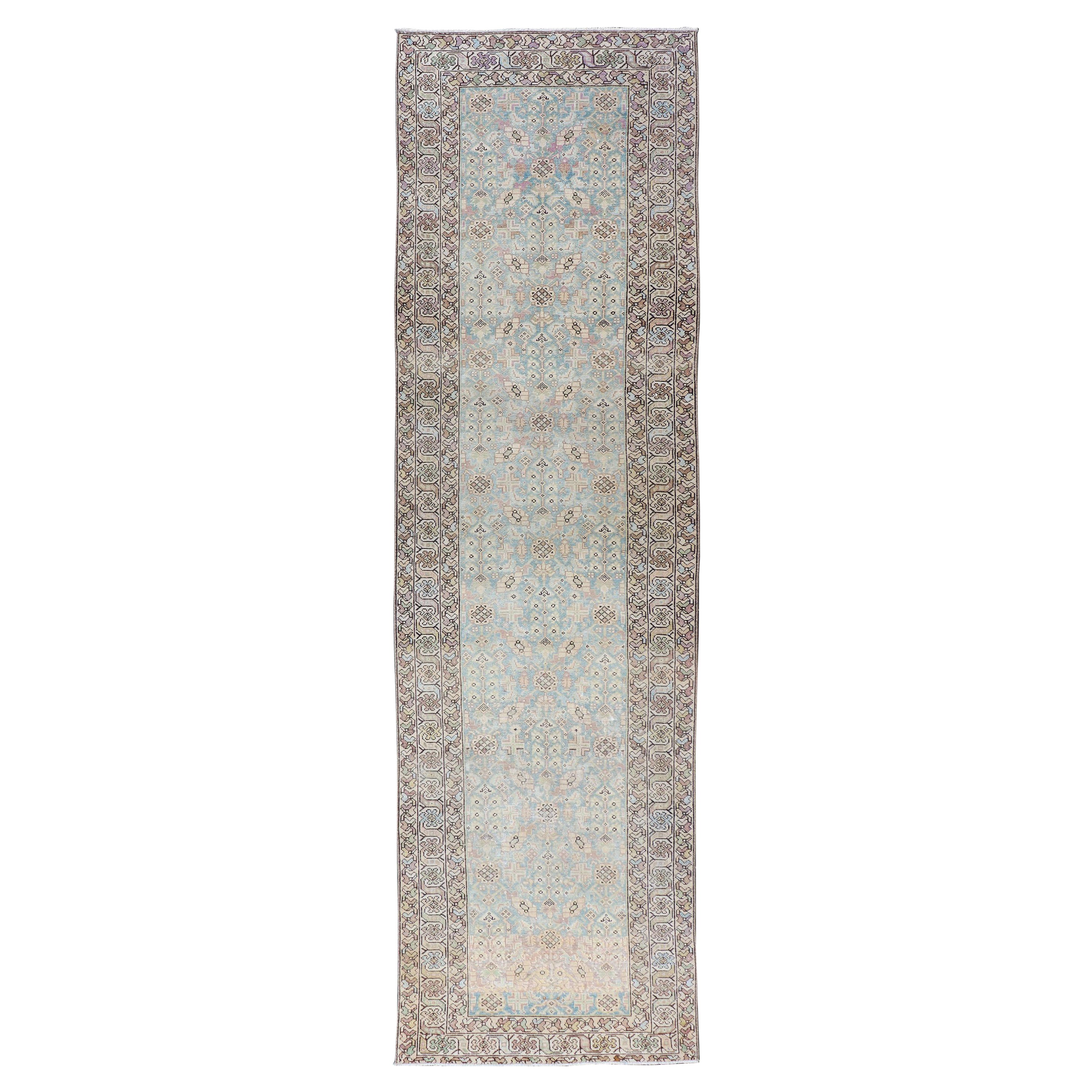 Antique Persian Malayer Runner with Sub-Geometric Design in Blue and Brown Tones For Sale