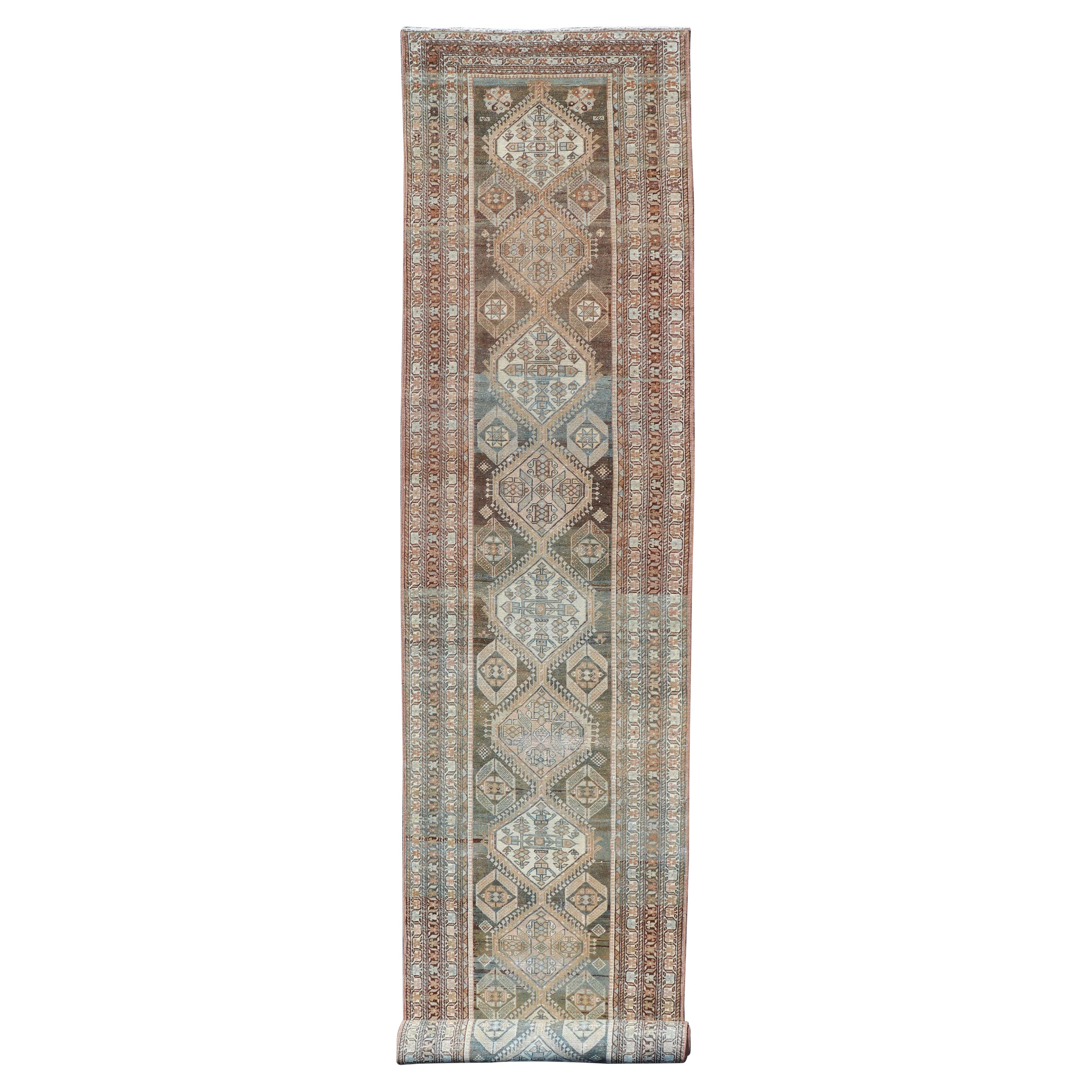 Antique Persian Hamadan Long Runner in Brown, Gray and Charcoal Background For Sale