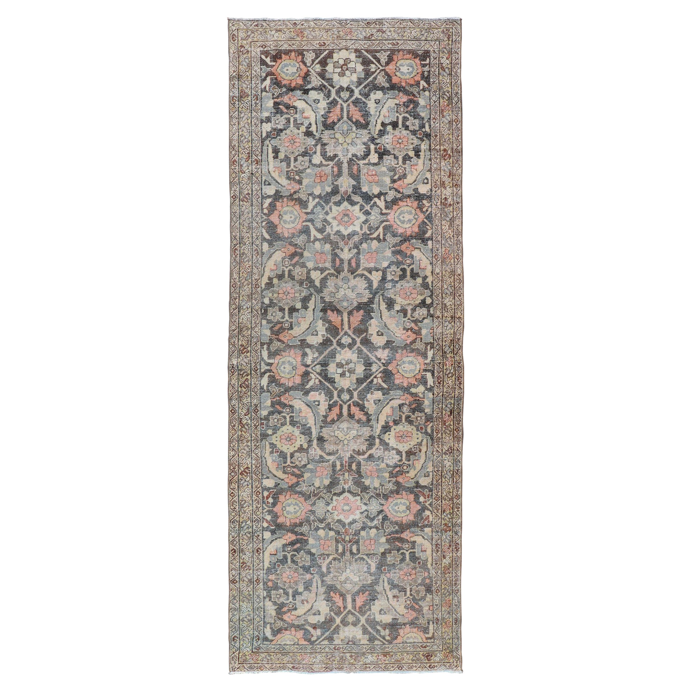 Blossoming All-Over Floral Antique Persian Sultanabad Gallery in Gray and Pink For Sale