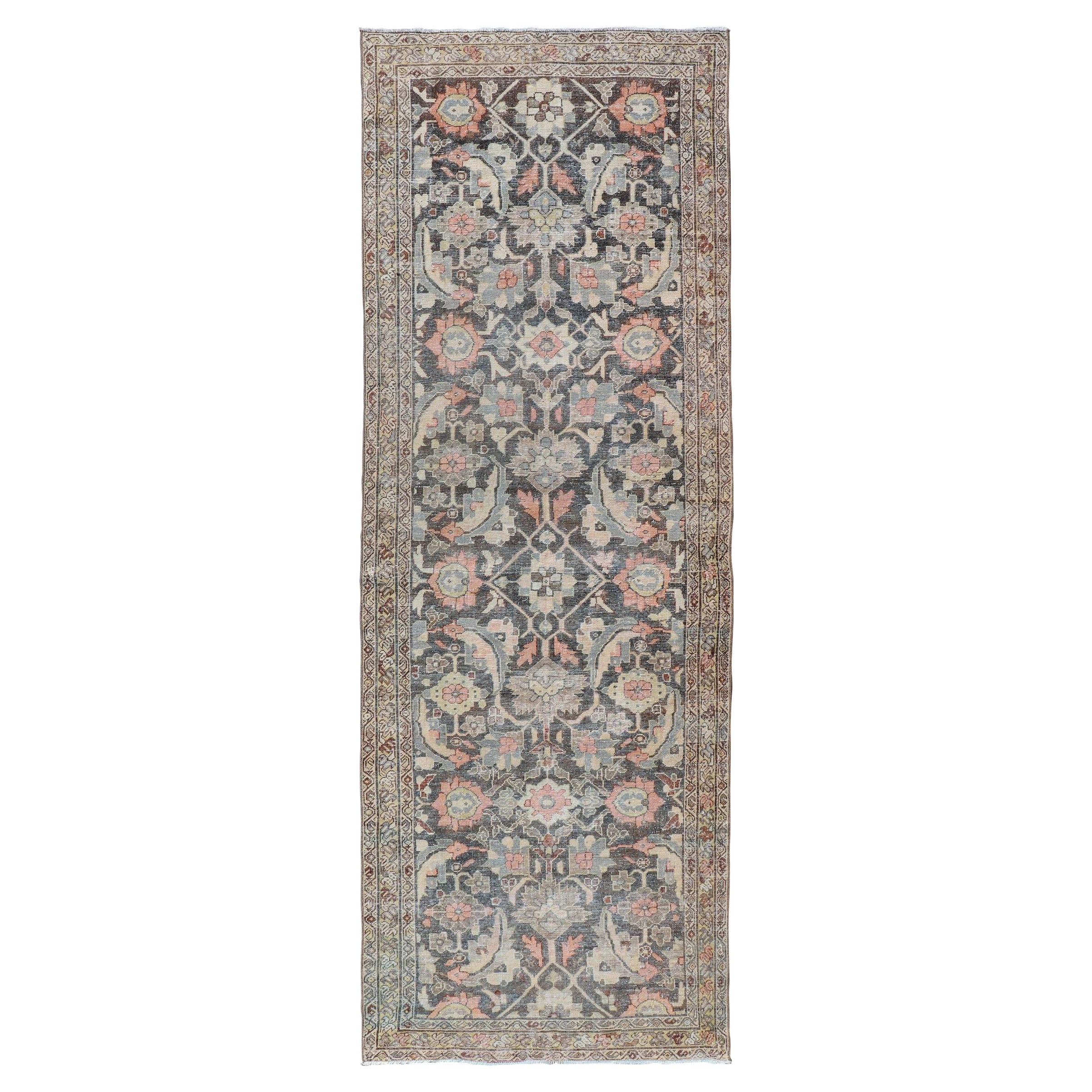 Antike persische Sultanabad-Galerie in Grau und Rosa mit Blumenmuster in Übergröße