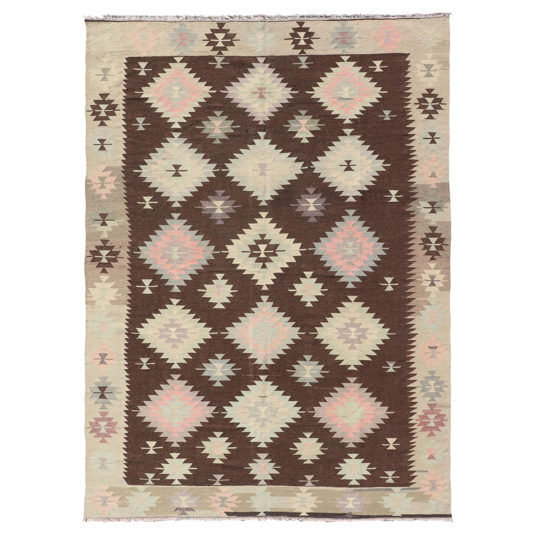 Tribal and Geometrics Turkish Kilim in Brown with Cream, Pink, Light Gray/Blue For Sale