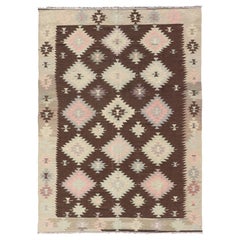 Vintage Tribal and Geometrics Turkish Kilim in Brown with Cream, Pink, Light Gray/Blue
