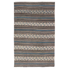 Turkish Vintage Flat-Weave with Striped Design and Tribal Motifs in Blue & Brown