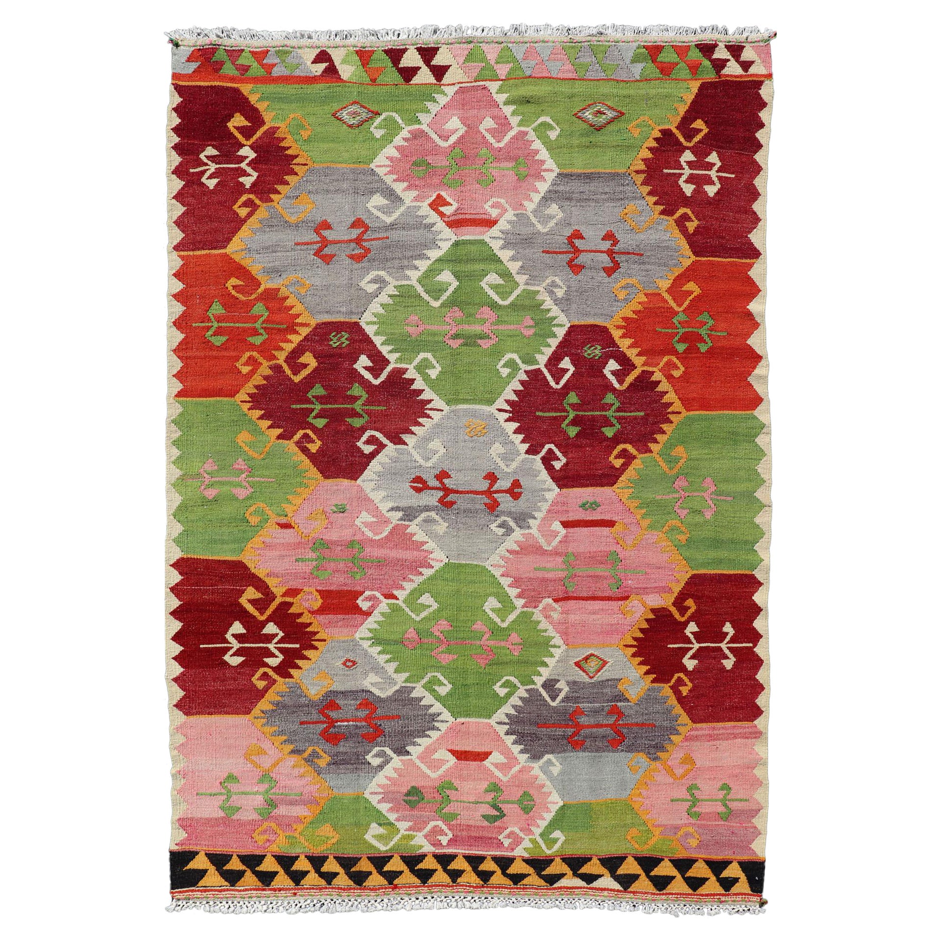 Vintage Turkish Kilim with Bright & Colorful Geometrics Diamond Design