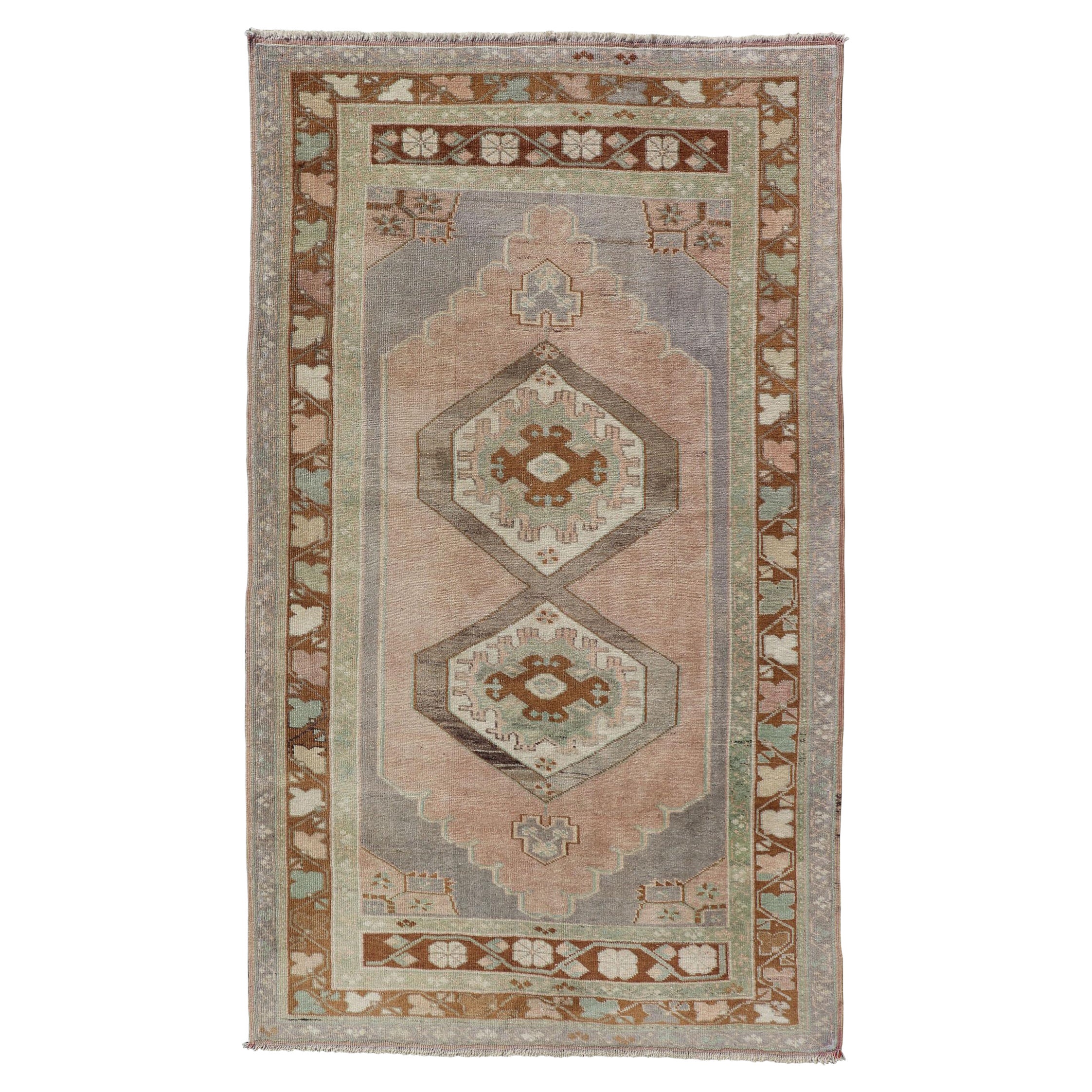 Vintage Turkish Oushak Rug in Lavender, Pink, Light Gray, Brown, Cream & Green