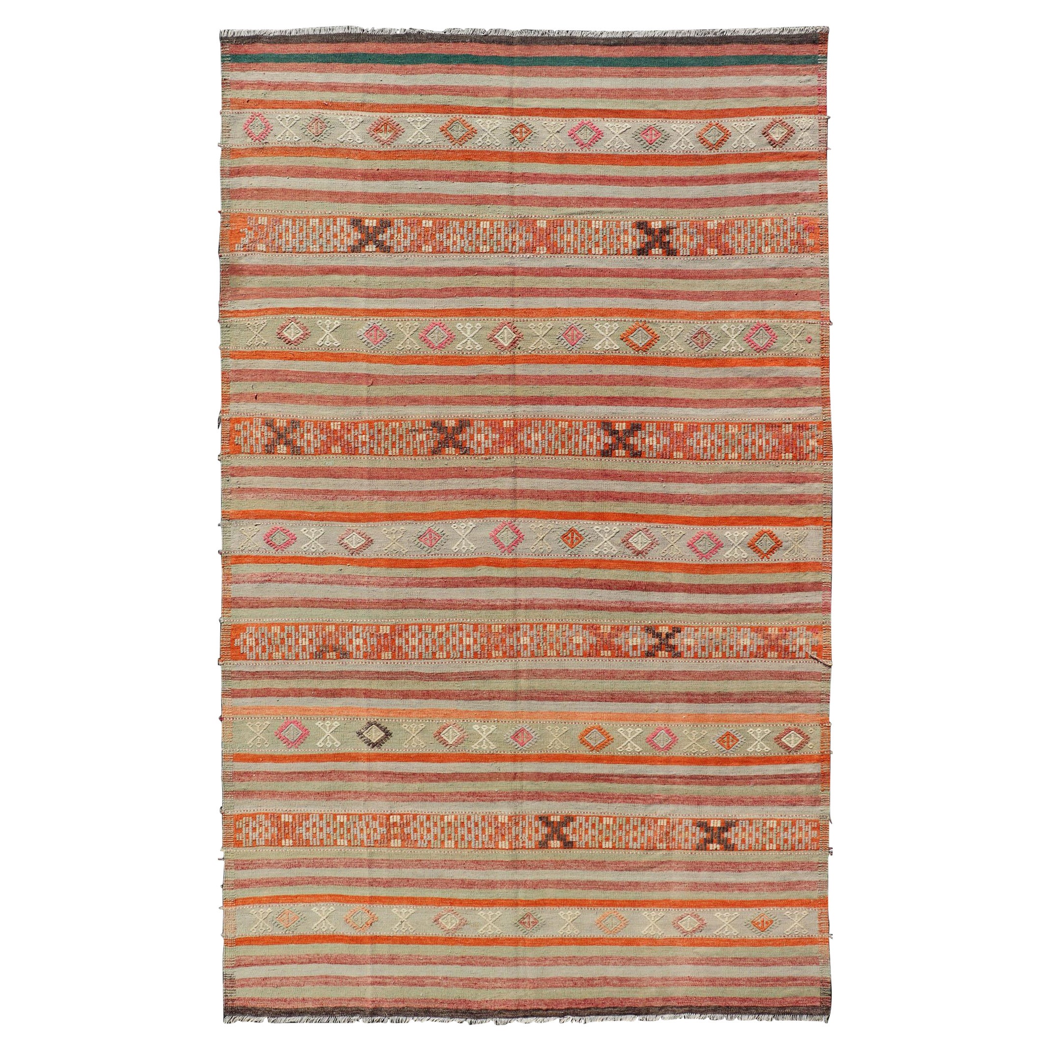 Kilim turco vintage con rayas de colores en naranja, verde claro, rojo y gris