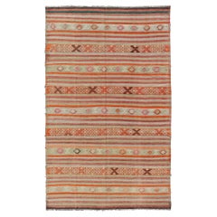 Retro Turkish Kilim with Colorful Stripes in Orange, Lt. green, red & gray 
