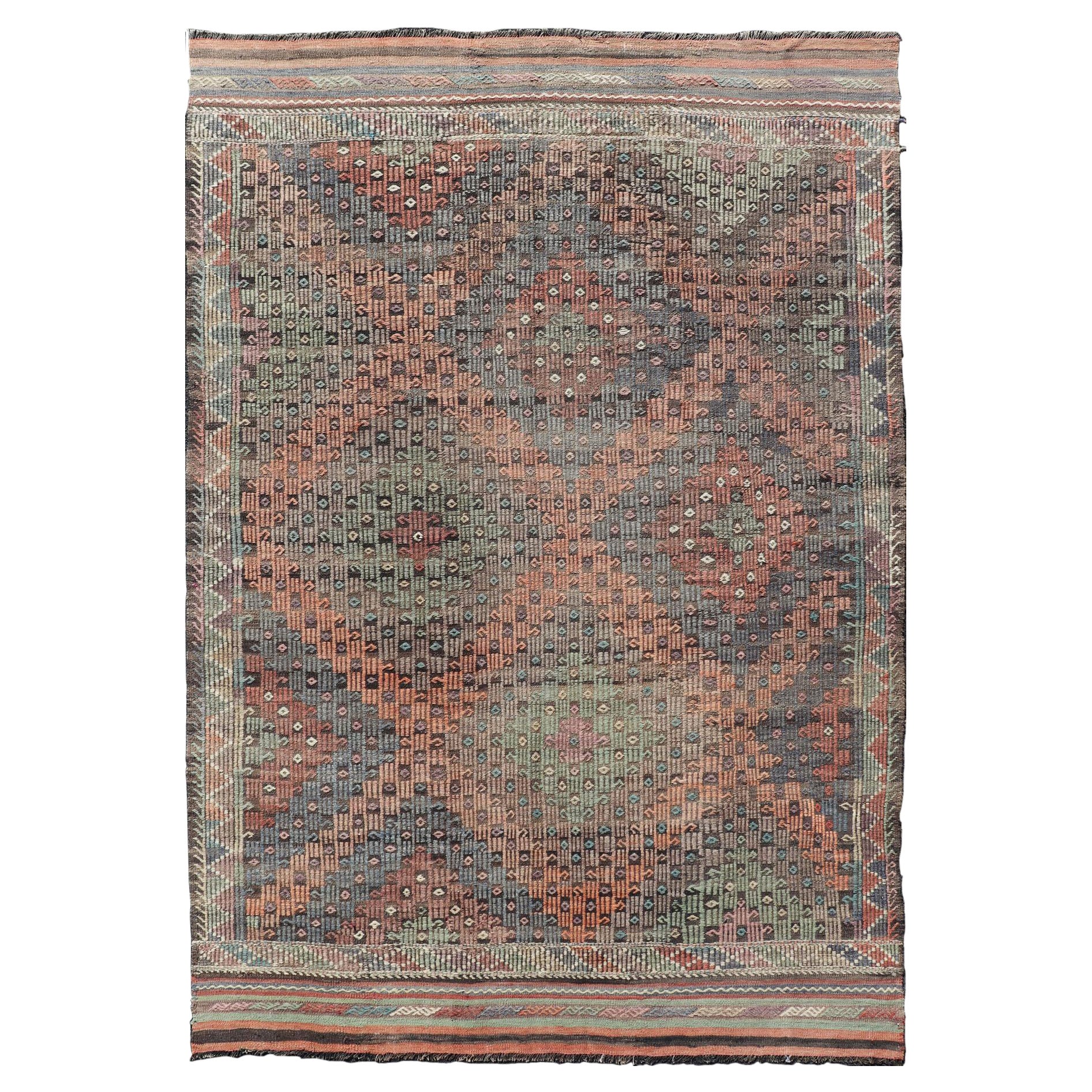 Softly Colored Turkish Vintage Embroidered Kilim Rug with Multi Layered Diamond For Sale