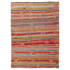 Vintage Turkish Kilim Flat-Weave Rug with Bright & Colorful Stripe Design