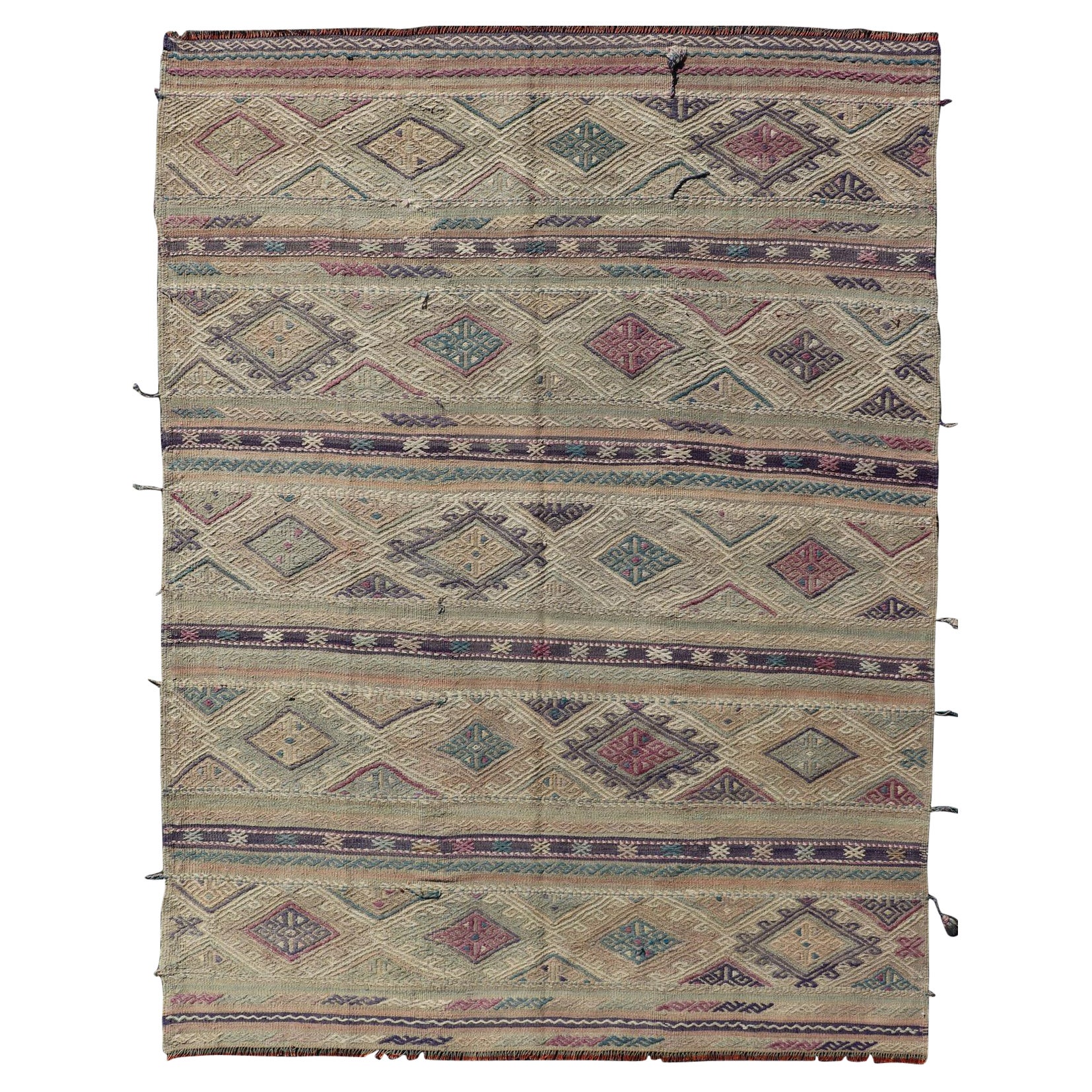 Turkish Embroideries Flat-Weave Kilim with Geometric and Colorful Stripes