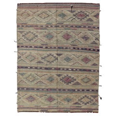 Turkish Embroideries Flat-Weave Kilim with Geometric and Colorful Stripes
