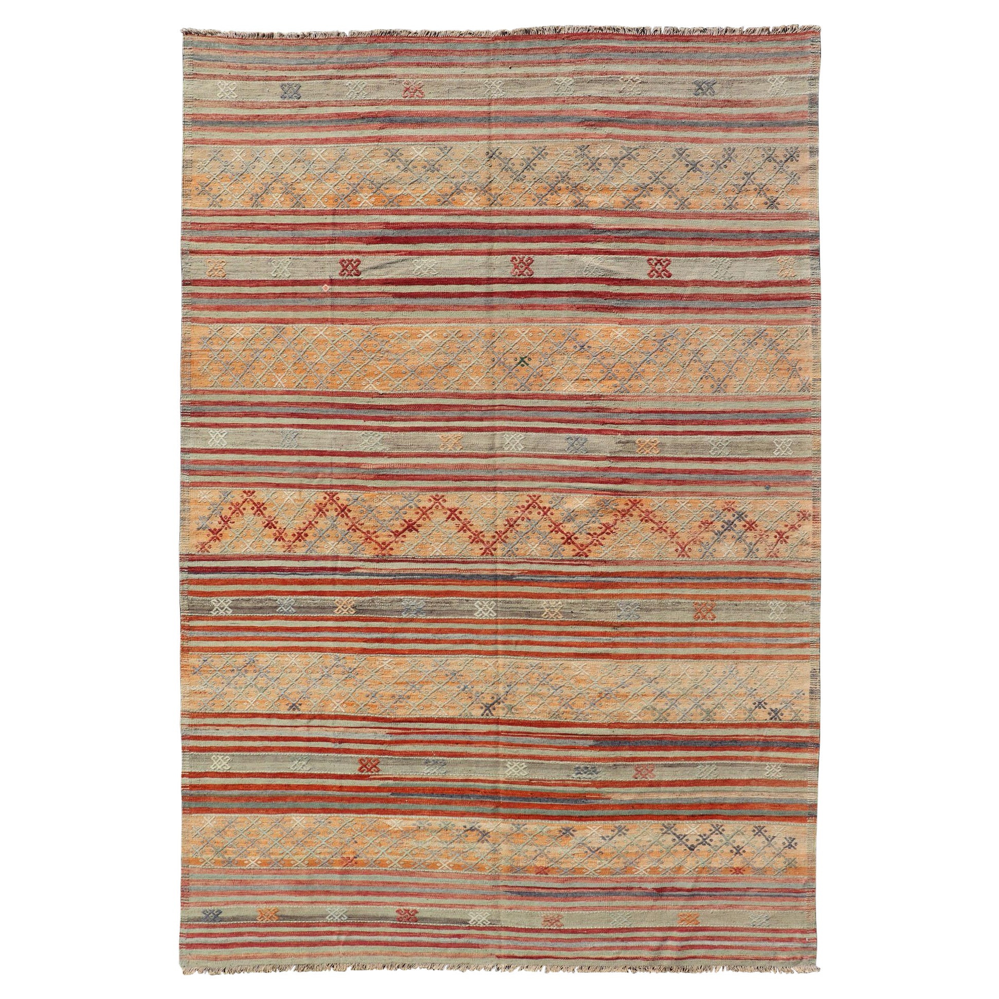 Colorful Vintage Turkish Embroidered Kilim with Stripes and Geometric Motifs 