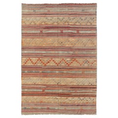 Colorful Vintage Turkish Embroidered Kilim with Stripes and Geometric Motifs 