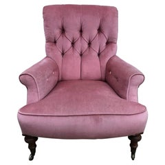 Gillows, English Victorian Pink Upholstered Button Back Fireside Armchair