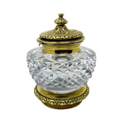 Antique English Cut Crystal and Bronze Desktop Inkwell, Circa 1870-1880