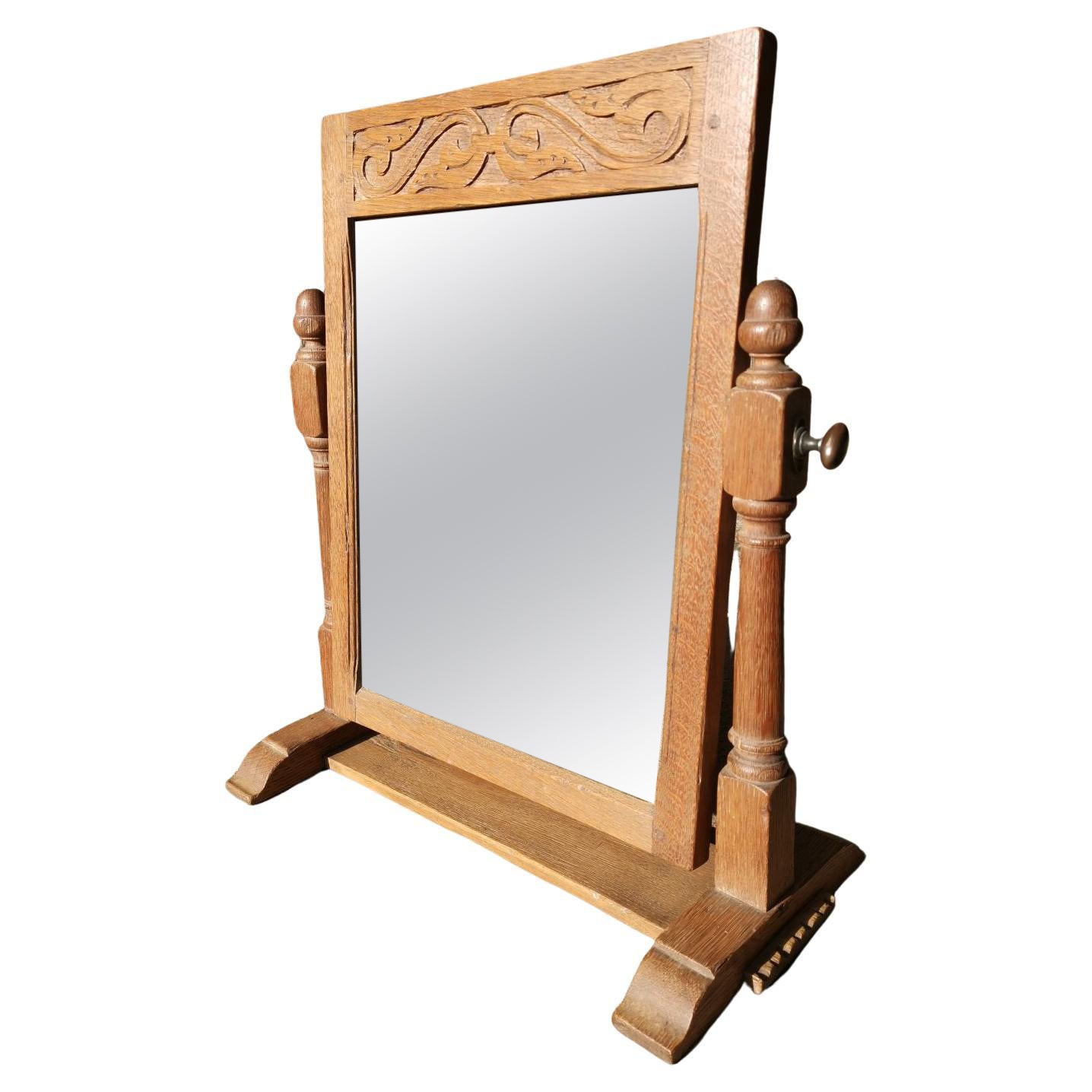 English Oak Cotswold Style Dressing Table Mirror with Turned Acorn Finials For Sale