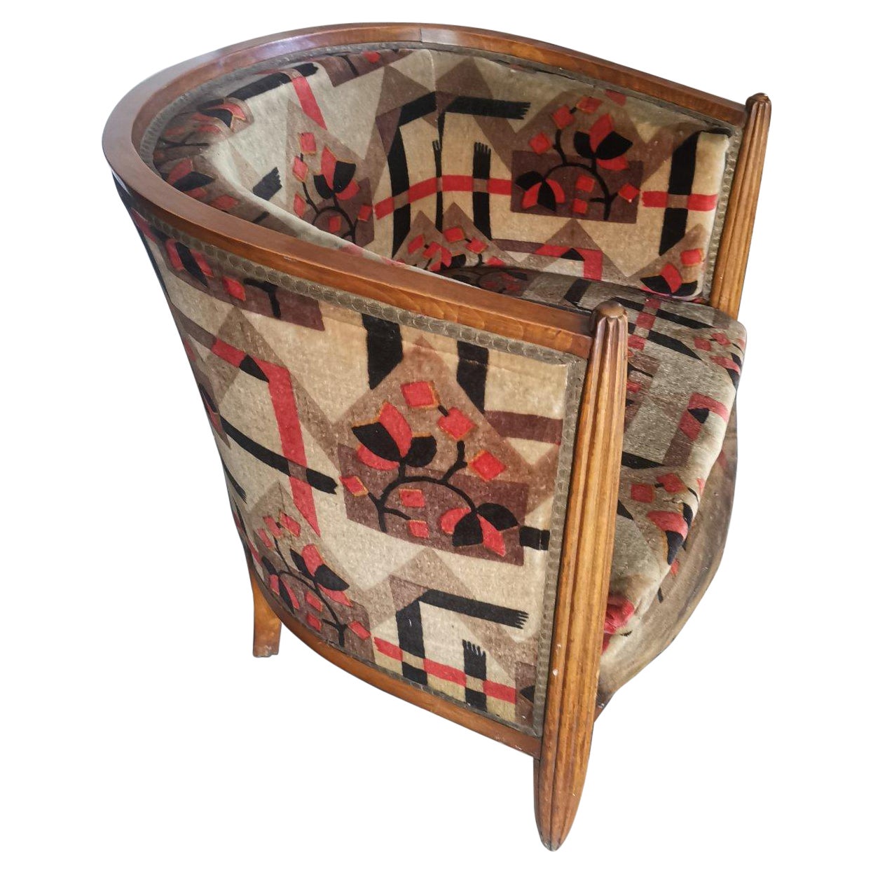 French Art Deco Walnut Tub Chair with Original Geometric Jaz Age Upholstery For Sale
